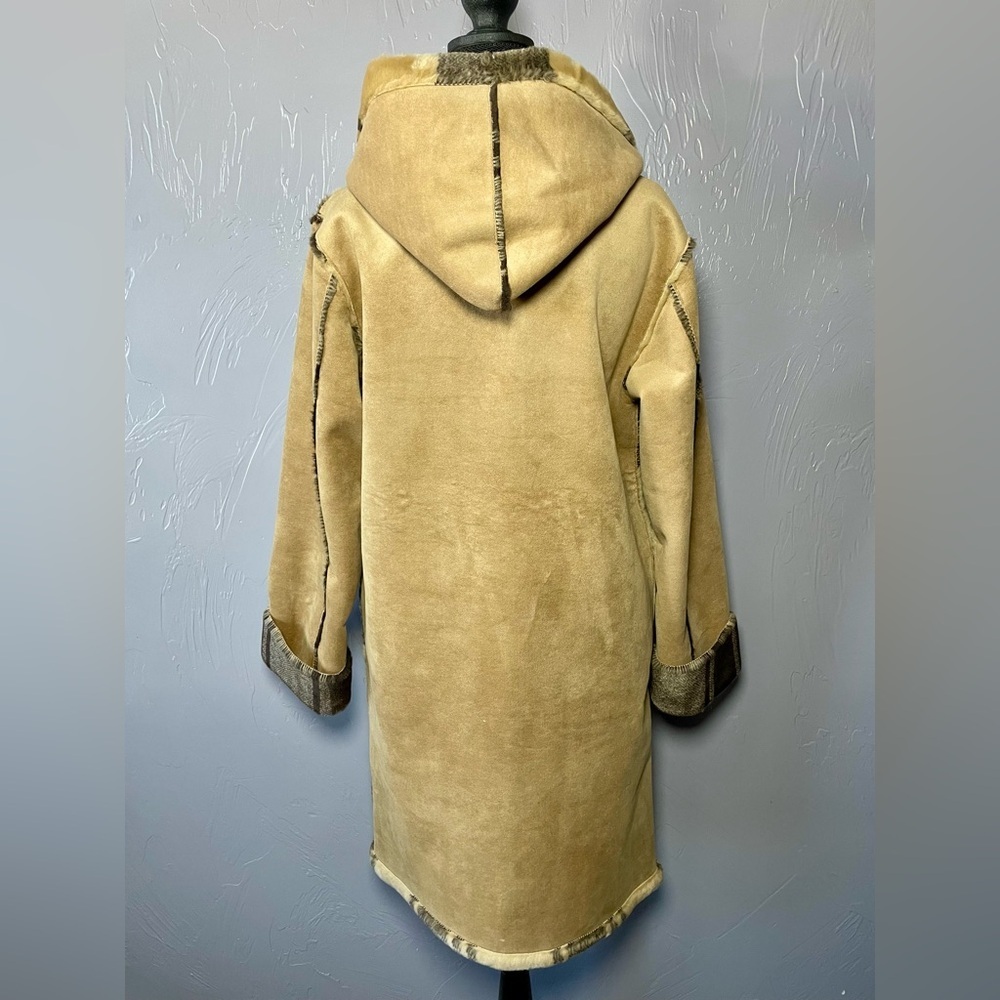 Vintage Y2K 90s Faux Suede Tan & Plaid Reversible Hooded Toggle Coat Jacket - Picture 5 of 13